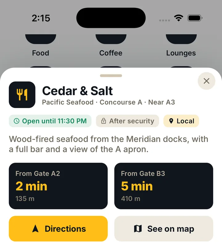 Cedar & Salt detail: open until 11:30 PM, after security. From Gate A2: 2 minutes, 135 metres. From Gate B3: 5 minutes, 410 metres. Buttons for Directions and See on map.