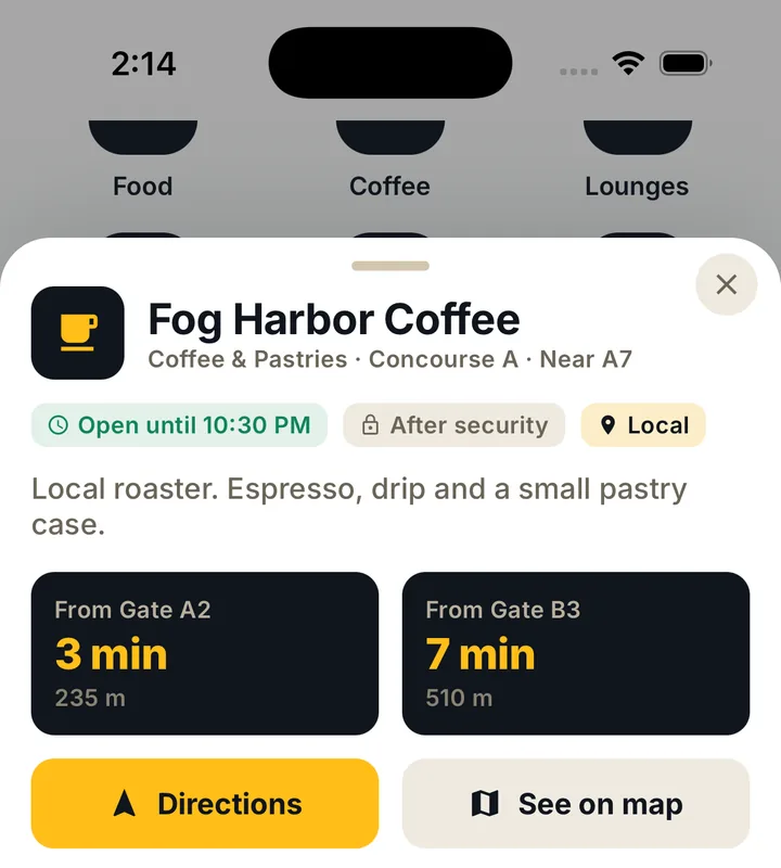 Fog Harbor Coffee detail: open until 10:30 PM, after security. From Gate A2: 3 minutes, 235 metres. From Gate B3: 7 minutes, 510 metres. Buttons for Directions and See on map.