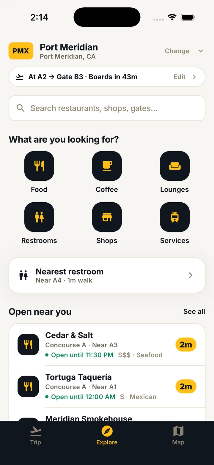 Airport Pal Explore screen for Port Meridian airport showing the traveler's gate context, search, categories like Food, Coffee and Lounges, and places open nearby.