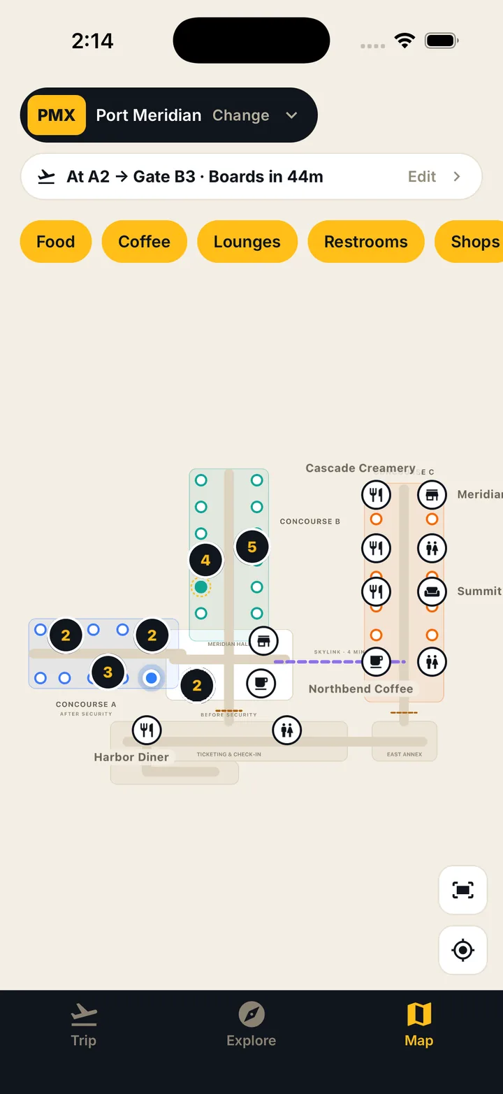 Zoomed-out Port Meridian terminal map showing concourses, clustered place markers, and a Skylink connection.