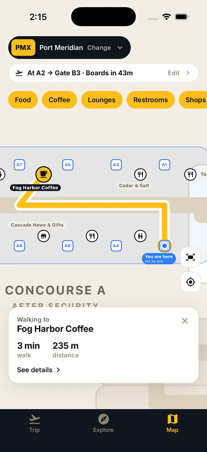 Airport Pal map showing a highlighted walking route from the traveler's location to Fog Harbor Coffee, with a 3 minute, 235 metre estimate.